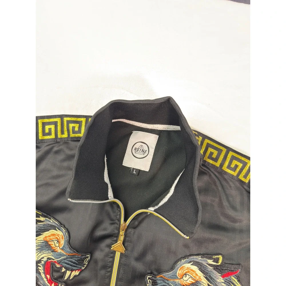 RS1NE Mens Track Jacket Black Gold Wolf Embroidered Greek Key Full Zip Large